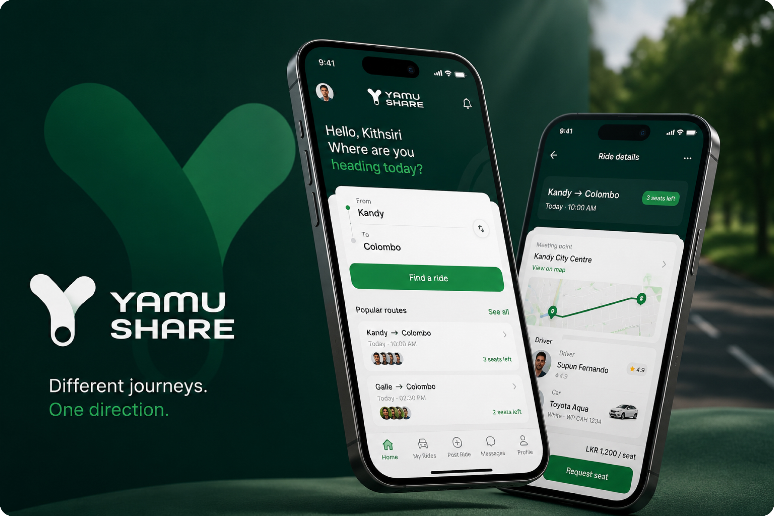 YamuShare mobile app showing trip search and booking screens